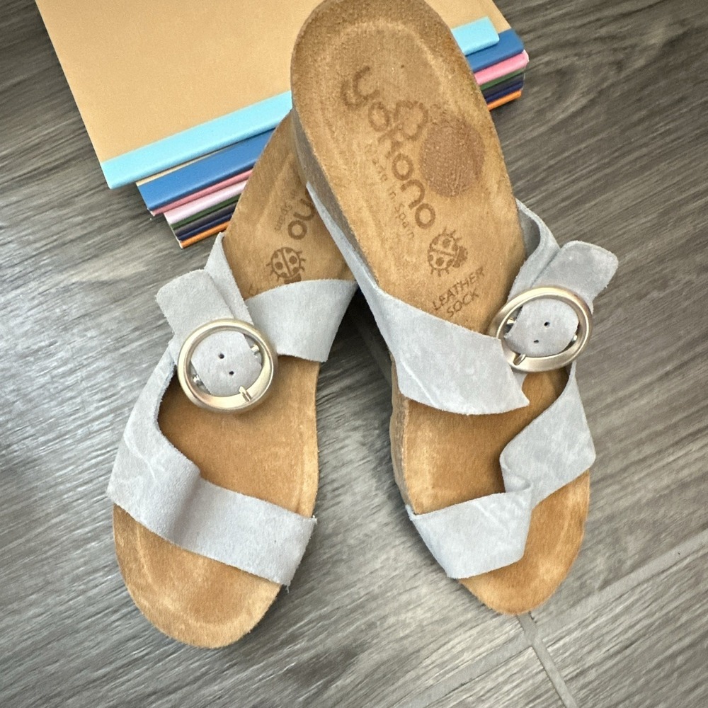 Yokono Womens Light Blue Leather Strappy Buckle Wedge Sandals size 9(US)